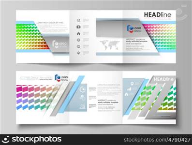Set of business templates for tri fold square design brochures. Leaflet cover, abstract flat layout, easy editable vector. Colorful rectangles, moving dynamic shapes forming abstract polygonal style background.