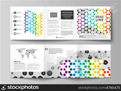 Set of business templates for tri fold square design brochures. Leaflet cover, abstract flat layout, easy editable vector. Chemistry pattern, hexagonal molecule structure. Medicine, science and technology concept.