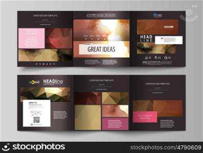 Set of business templates for tri fold square design brochures. Leaflet cover, abstract flat layout, easy editable vector. Romantic couple kissing. Beautiful background. Geometrical pattern in triangular style.