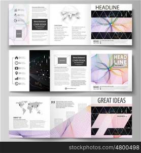 Set of business templates for tri fold square design brochures. Leaflet cover, abstract flat layout, easy editable vector. Colorful abstract infographic background in minimalist style made from lines, symbols, charts, diagrams and other elements.