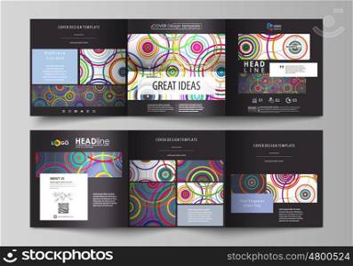 Set of business templates for tri fold square design brochures. Leaflet cover, abstract flat layout, easy editable vector. Bright color background in minimalist style made from colorful circles