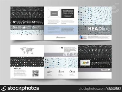 Set of business templates for tri fold square design brochures. Leaflet cover, abstract flat layout, easy editable vector. Abstract soft color dots with illusion of depth and perspective, dotted technology background. Multicolored particles, modern pattern, elegant texture, vector design.