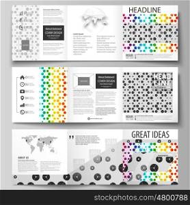 Set of business templates for tri fold square design brochures. Leaflet cover, abstract flat layout, easy editable vector. Chemistry pattern, hexagonal design molecule structure, scientific, medical DNA research. Geometric colorful background.