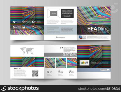 Set of business templates for tri fold square design brochures. Leaflet cover, abstract flat layout, easy editable vector. Bright color lines, colorful style with geometric shapes forming beautiful minimalist background.