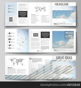 Set of business templates for tri fold square design brochures. Leaflet cover, abstract flat layout, easy editable vector. Blue color abstract infographic background in minimalist style made from lines, symbols, charts, diagrams and other elements.