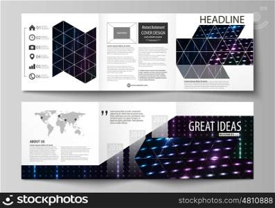 Set of business templates for tri fold square design brochures. Leaflet cover, abstract flat layout, easy editable vector. Abstract colorful neon dots, dotted technology background. Glowing particles, led light pattern, futuristic texture, digital vector design.