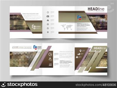 Set of business templates for tri fold square design brochures. Leaflet cover, abstract flat layout, easy editable vector. Abstract multicolored backgrounds. Geometrical patterns. Triangular and hexagonal style.