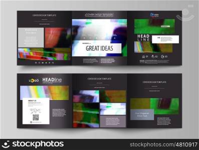 Set of business templates for tri fold square design brochures. Leaflet cover, abstract flat layout, easy editable vector. Glitched background made of colorful pixel mosaic. Digital decay, signal error, television fail.