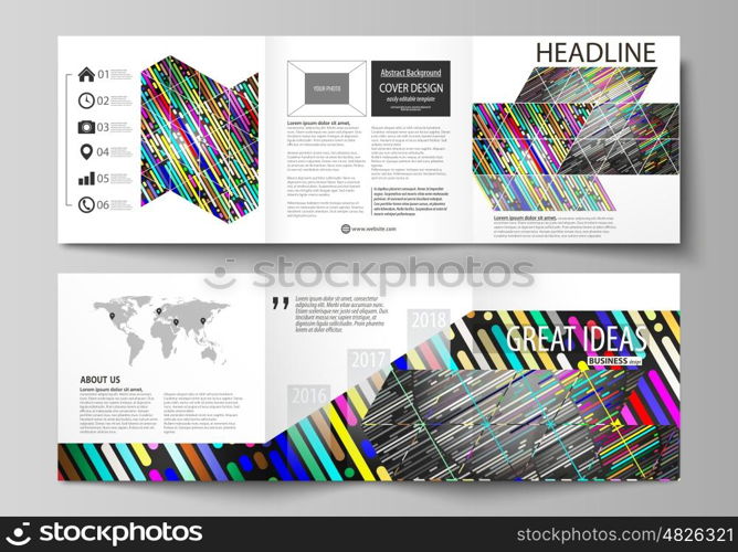 Set of business templates for tri fold square design brochures. Leaflet cover, abstract flat layout, easy editable vector. Colorful background made of stripes. Abstract tubes and dots. Glowing multicolored texture.