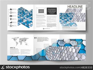 Set of business templates for tri fold square design brochures. Leaflet cover, layout, easy editable vector. Blue and gray color hexagons in perspective. Abstract polygonal style modern background.. Set of business templates for tri fold square design brochures. Leaflet cover, abstract flat layout, easy editable vector. Blue and gray color hexagons in perspective. Abstract polygonal style modern background