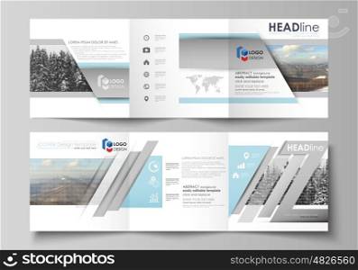 Set of business templates for tri fold square design brochures. Leaflet cover, abstract flat layout, easy editable vector. Abstract landscape of nature. Dark color pattern in vintage style, mosaic texture.