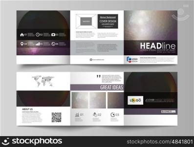 Set of business templates for tri fold square design brochures. Leaflet cover, abstract flat layout, easy editable vector. Dark color triangles and colorful circles. Abstract polygonal style modern background.