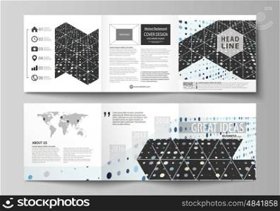Set of business templates for tri fold square design brochures. Leaflet cover, abstract flat layout, easy editable vector. Abstract soft color dots with illusion of depth and perspective, dotted technology background. Multicolored particles, modern pattern, elegant texture, vector design.