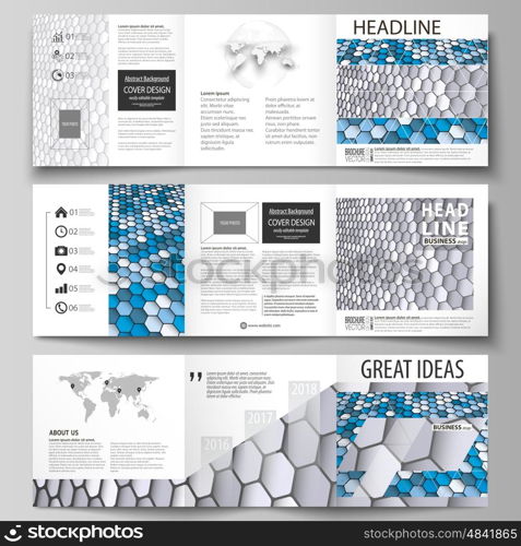 Set of business templates for tri fold square design brochures. Leaflet cover, abstract flat layout, easy editable vector. Blue and gray color hexagons in perspective. Abstract polygonal style modern background