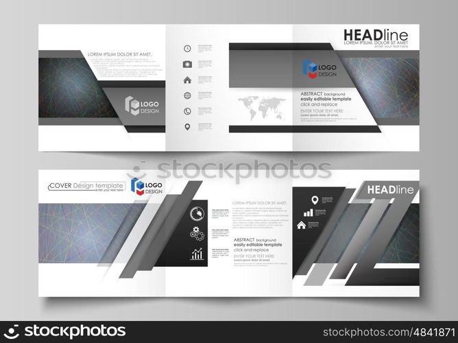 Set of business templates for tri fold square design brochures. Leaflet cover, abstract flat layout, easy editable vector. Colorful dark background with abstract lines. Bright color chaotic, random, messy curves. Colourful vector decoration.