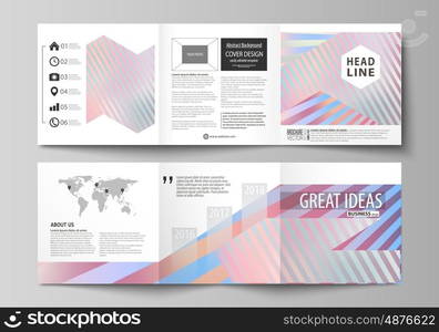 Set of business templates for tri fold square design brochures. Leaflet cover, abstract flat layout, easy editable vector. Sweet pink and blue decoration, pretty romantic design, cute candy background.