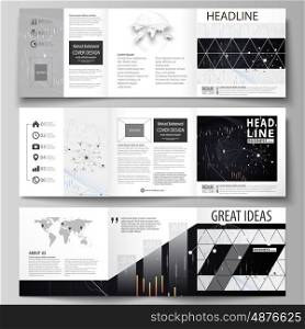 Set of business templates for tri fold square design brochures. Leaflet cover, abstract flat layout, easy editable vector. Abstract infographic background in minimalist style made from lines, symbols, charts, diagrams and other elements.
