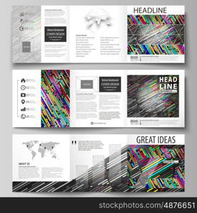 Set of business templates for tri fold square design brochures. Leaflet cover, abstract flat layout, easy editable vector. Colorful background made of stripes. Abstract tubes and dots. Glowing multicolored texture.