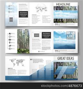 Set of business templates for tri fold square design brochures. Leaflet cover, abstract flat layout, easy editable vector. Colorful background made of triangular or hexagonal texture for travel business, natural landscape in polygonal style.