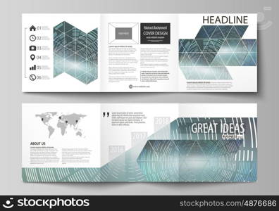 Set of business templates for tri fold square design brochures. Leaflet cover, abstract flat layout, easy editable vector. Technology background in geometric style made from circles