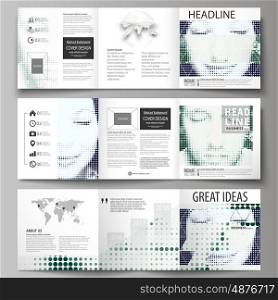 Set of business templates for tri fold square design brochures. Leaflet cover, abstract flat layout, easy editable vector. Halftone dotted background, retro style grungy pattern, vintage texture. Halftone effect with black dots on white.