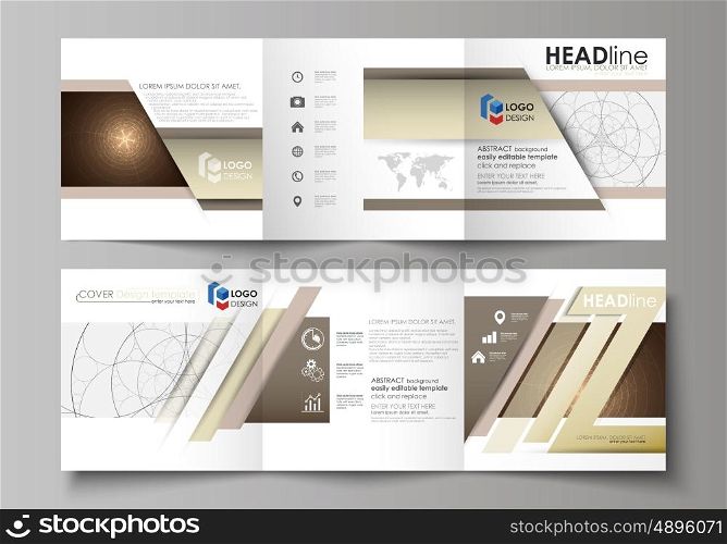 Set of business templates for tri fold square design brochures. Leaflet cover, abstract flat layout, easy editable vector. Alchemical theme. Fractal art background. Sacred geometry. Mysterious relaxation pattern.