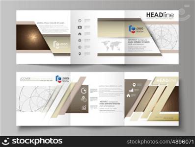 Set of business templates for tri fold square design brochures. Leaflet cover, abstract flat layout, easy editable vector. Alchemical theme. Fractal art background. Sacred geometry. Mysterious relaxation pattern.