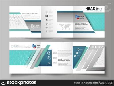 Set of business templates for tri fold square design brochures. Leaflet cover, abstract flat layout, easy editable vector. Chemistry pattern, hexagonal molecule structure on blue. Medicine, science and technology concept.