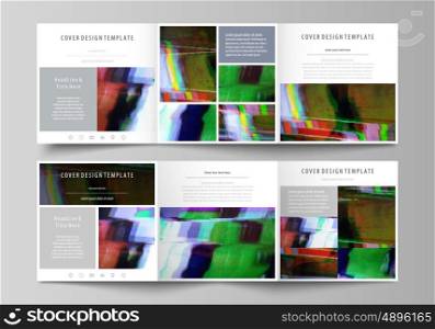 Set of business templates for tri fold square design brochures. Leaflet cover, abstract flat layout, easy editable vector. Glitched background made of colorful pixel mosaic. Digital decay, signal error, television fail.