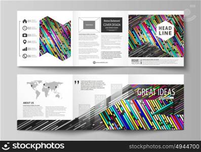 Set of business templates for tri fold square design brochures. Leaflet cover, easy editable vector layout. Colorful background with stripes. Abstract tubes and dots. Glowing multicolored texture.. Set of business templates for tri fold square design brochures. Leaflet cover, abstract flat layout, easy editable vector. Colorful background made of stripes. Abstract tubes and dots. Glowing multicolored texture.