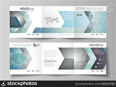 Set of business templates for tri fold square design brochures. Leaflet cover, vector layout Geometric background, connected line and dots. Molecular structure. Scientific, medical, technology concept. Set of business templates for tri fold square design brochures. Leaflet cover, abstract flat layout, easy editable vector. Geometric background, connected line and dots. Molecular structure. Scientific, medical, technology concept.