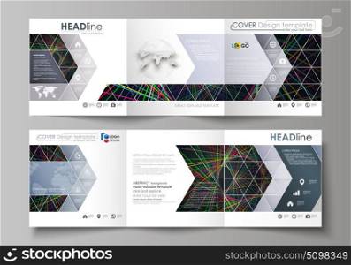 Set of business templates for tri fold square design brochures. Leaflet cover, abstract flat layout, easy editable vector. Bright color lines, colorful beautiful background. Perfect decoration.. Set of business templates for tri fold square design brochures. Leaflet cover, abstract flat layout, easy editable vector. Bright color lines, colorful beautiful background. Perfect decoration