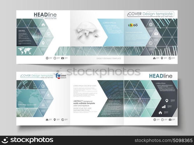 Set of business templates for tri fold square design brochures. Leaflet cover, abstract flat layout, easy editable vector. Technology background in geometric style made from circles.. Set of business templates for tri fold square design brochures. Leaflet cover, abstract flat layout, easy editable vector. Technology background in geometric style made from circles