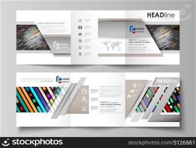 Set of business templates for tri fold square design brochures. Leaflet cover, easy editable vector layout. Colorful background with stripes. Abstract tubes and dots. Glowing multicolored texture.. Set of business templates for tri fold square design brochures. Leaflet cover, abstract flat layout, easy editable vector. Colorful background made of stripes. Abstract tubes and dots. Glowing multicolored texture.
