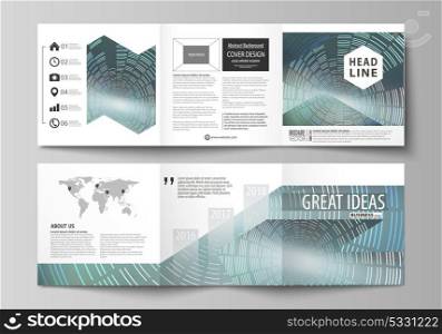 Set of business templates for tri fold square design brochures. Leaflet cover, abstract flat layout, easy editable vector. Technology background in geometric style made from circles.. Set of business templates for tri fold square design brochures. Leaflet cover, abstract flat layout, easy editable vector. Technology background in geometric style made from circles
