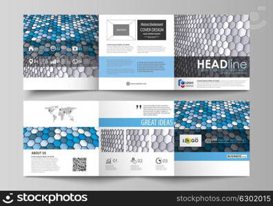 Set of business templates for tri fold square design brochures. Leaflet cover, layout, easy editable vector. Blue and gray color hexagons in perspective. Abstract polygonal style modern background.. Set of business templates for tri fold square design brochures. Leaflet cover, abstract flat layout, easy editable vector. Blue and gray color hexagons in perspective. Abstract polygonal style modern background