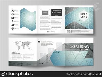 Set of business templates for tri fold square design brochures. Leaflet cover, vector layout Geometric background, connected line and dots. Molecular structure. Scientific, medical, technology concept. Set of business templates for tri fold square design brochures. Leaflet cover, abstract flat layout, easy editable vector. Geometric background, connected line and dots. Molecular structure. Scientific, medical, technology concept.