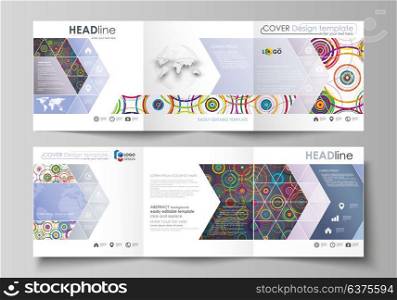 Set of business templates for tri fold square design brochures. Leaflet cover, abstract flat layout, easy editable vector. Bright color background in minimalist style made from colorful circles.. Set of business templates for tri fold square design brochures. Leaflet cover, abstract flat layout, easy editable vector. Bright color background in minimalist style made from colorful circles