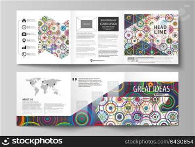 Set of business templates for tri fold square design brochures. Leaflet cover, abstract flat layout, easy editable vector. Bright color background in minimalist style made from colorful circles.. Set of business templates for tri fold square design brochures. Leaflet cover, abstract flat layout, easy editable vector. Bright color background in minimalist style made from colorful circles