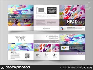 Set of business templates for tri fold square design brochures. Leaflet cover, abstract flat layout, easy editable vector. Bright color lines and dots, colorful minimalist backdrop with geometric shapes forming beautiful minimalistic background.. Business templates for tri fold square design brochures. Leaflet cover, abstract vector layout. Bright color lines and dots, colorful minimalist backdrop, geometric shapes, minimalistic background.