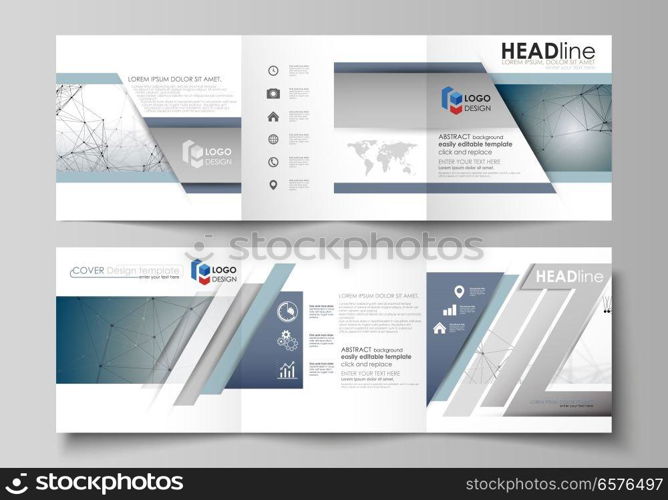 Set of business templates for tri fold square design brochures. Leaflet cover, abstract flat layout, easy editable vector. DNA and neurons molecule structure. Medicine, science, technology concept. Scalable graphic.. Set of business templates for tri fold square design brochures. Leaflet cover, abstract vector layout. DNA and neurons molecule structure. Medicine, science, technology concept. Scalable graphic.