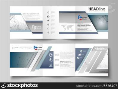 Set of business templates for tri fold square design brochures. Leaflet cover, abstract flat layout, easy editable vector. DNA and neurons molecule structure. Medicine, science, technology concept. Scalable graphic.. Set of business templates for tri fold square design brochures. Leaflet cover, abstract vector layout. DNA and neurons molecule structure. Medicine, science, technology concept. Scalable graphic.
