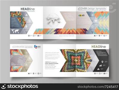 Set of business templates for tri fold square design brochures. Leaflet cover, abstract flat layout, easy editable vector. Tribal pattern, geometrical ornament in ethno syle, ethnic hipster backdrop, vintage fashion background.. Set of business templates for tri fold square design brochures. Leaflet cover, abstract vector layout. Tribal pattern, geometrical ornament in ethno syle, ethnic backdrop, vintage fashion background.