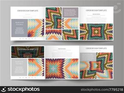 Set of business templates for tri fold square design brochures. Leaflet cover, abstract flat layout, easy editable vector. Tribal pattern, geometrical ornament in ethno syle, ethnic hipster backdrop, vintage fashion background.. Set of business templates for tri fold square design brochures. Leaflet cover, abstract vector layout. Tribal pattern, geometrical ornament in ethno syle, ethnic backdrop, vintage fashion background.