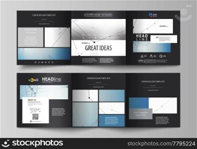 Set of business templates for tri fold square design brochures. Leaflet cover, abstract flat layout, easy editable vector. Geometric blue color background, molecule structure, science concept. Connected lines and dots.. Set of business templates for tri fold square design brochures. Leaflet cover, abstract vector layout. Geometric blue color background, molecule structure, science concept. Connected lines and dots.