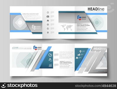 Set of business templates for tri fold square design brochures. Leaflet cover, abstract vector layout. Minimalistic background with lines. Gray color geometric shapes forming simple beautiful pattern.. Set of business templates for tri fold square design brochures. Leaflet cover, abstract flat layout, easy editable vector. Minimalistic background with lines. Gray color geometric shapes forming simple beautiful pattern.