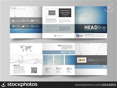 Set of business templates for tri fold square design brochures. Leaflet cover, abstract vector layout. Geometric blue color background, molecule structure, science concept. Connected lines and dots.. Set of business templates for tri fold square design brochures. Leaflet cover, abstract flat layout, easy editable vector. Geometric blue color background, molecule structure, science concept. Connected lines and dots.
