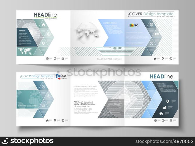 Set of business templates for tri fold square design brochures. Leaflet cover, abstract vector layout. Minimalistic background with lines. Gray color geometric shapes forming simple beautiful pattern.. Set of business templates for tri fold square design brochures. Leaflet cover, abstract flat layout, easy editable vector. Minimalistic background with lines. Gray color geometric shapes forming simple beautiful pattern.