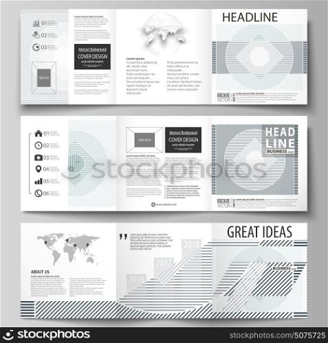 Set of business templates for tri fold square design brochures. Leaflet cover, abstract vector layout. Minimalistic background with lines. Gray color geometric shapes forming simple beautiful pattern.. Set of business templates for tri fold square design brochures. Leaflet cover, abstract flat layout, easy editable vector. Minimalistic background with lines. Gray color geometric shapes forming simple beautiful pattern.