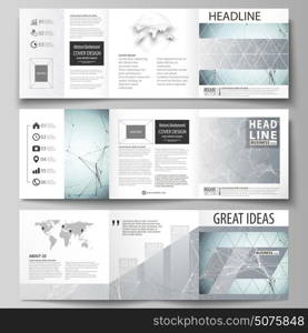 Set of business templates for tri fold square design brochures. Leaflet cover, abstract vector layout. Chemistry pattern, connecting lines and dots, molecule structure, scientific medical DNA research. Set of business templates for tri fold square design brochures. Leaflet cover, abstract flat layout, easy editable vector. Chemistry pattern, connecting lines and dots, molecule structure, scientific medical DNA research.